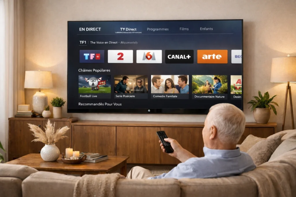 Personne âgée utilisant facilement une Smart TV dans un salon lumineux