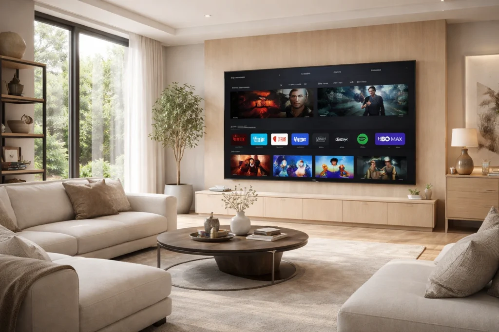Salon moderne avec Smart TV parfaitement organisée pour une meilleure expérience utilisateur