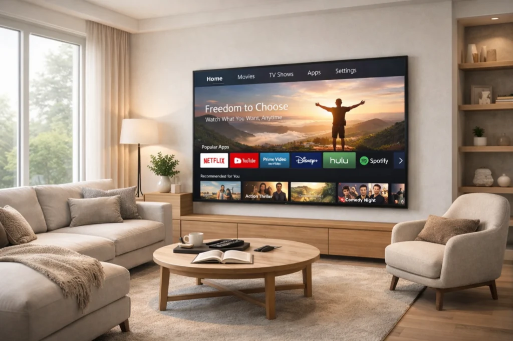 Salon moderne avec Smart TV illustrant une solution TV internet économique et confortable