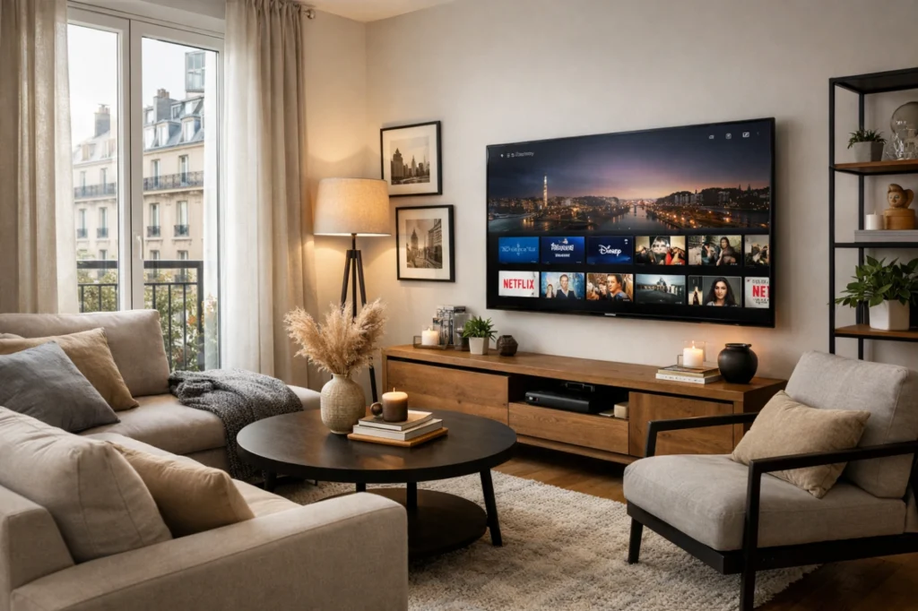 Petit salon d’appartement moderne avec Smart TV et ambiance confortable