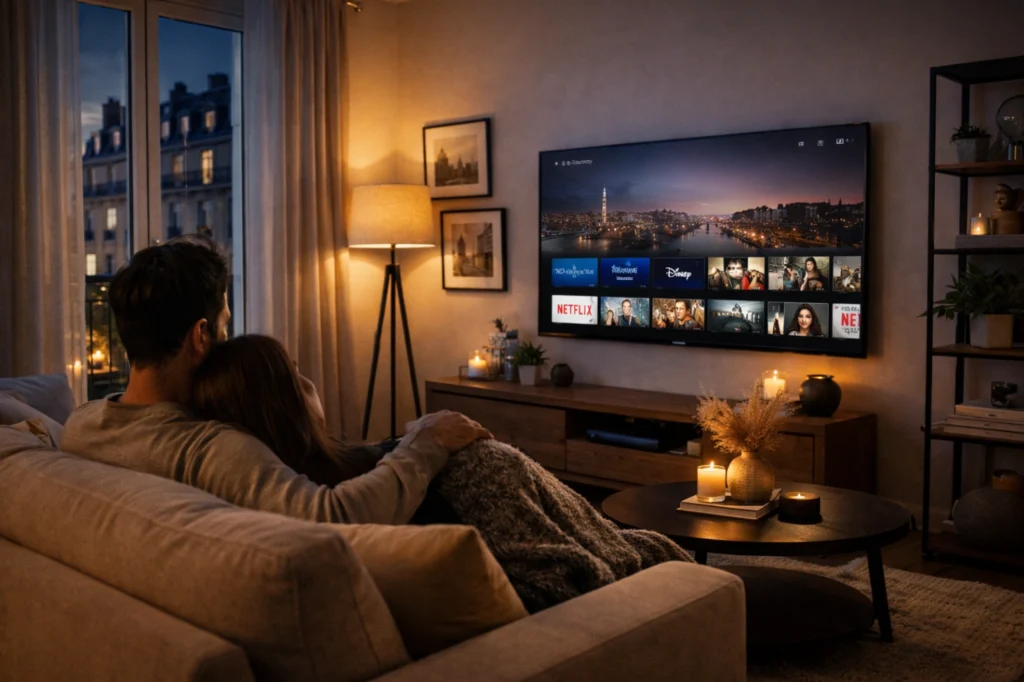 Couple dans un salon moderne regardant une Smart TV avec une interface simple