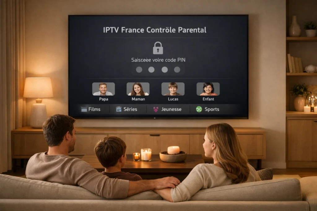 Salon familial moderne avec Smart TV affichant une interface IPTV générique avec contrôle parental et profils familiaux