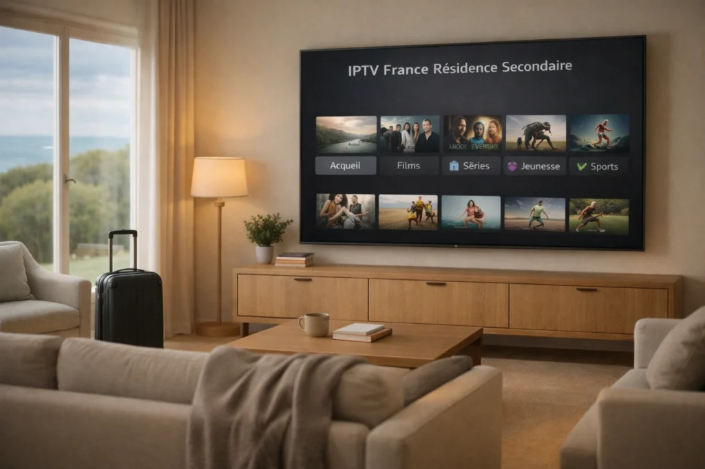 Salon moderne de résidence secondaire avec Smart TV affichant une interface IPTV générique claire et élégante