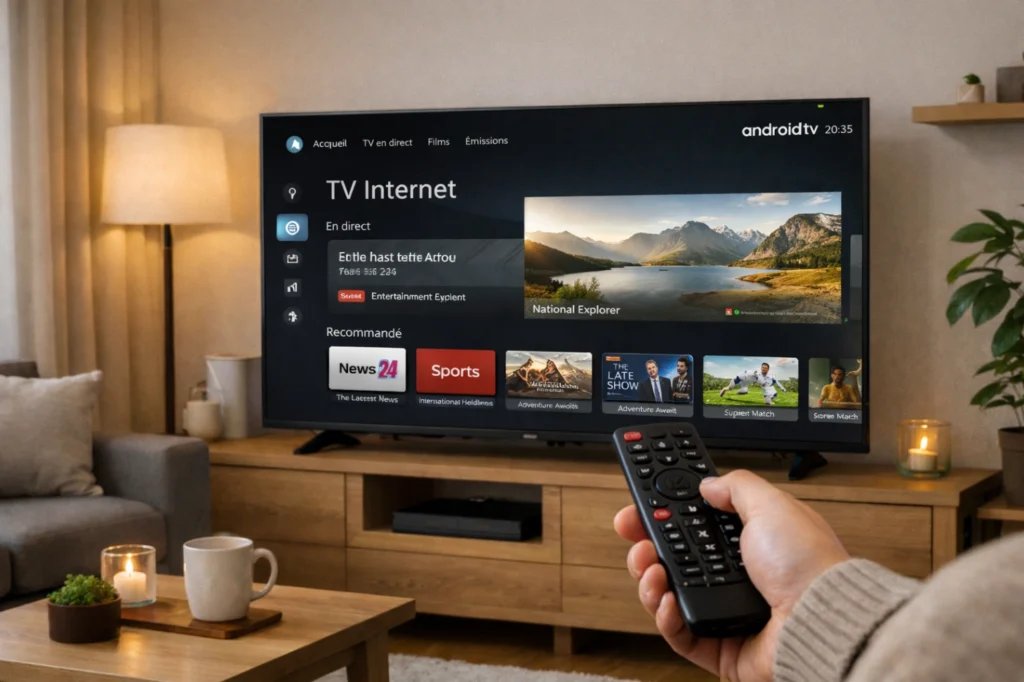 Android TV moderne dans un salon affichant une application TV internet claire