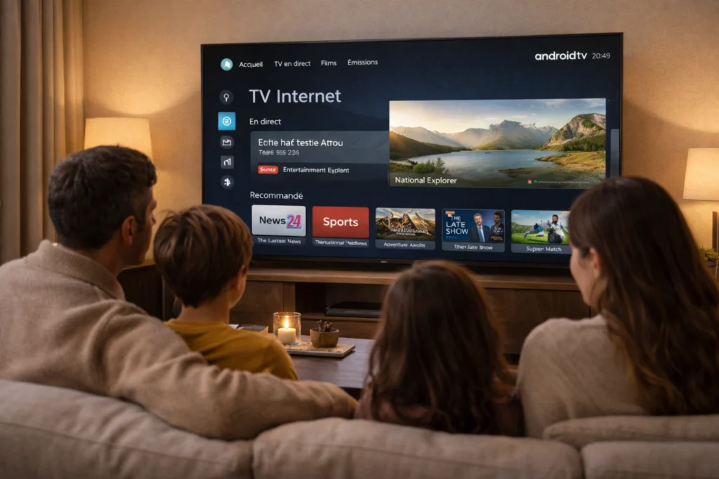 Famille dans un salon moderne utilisant une télévision internet claire et simple