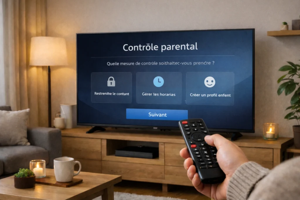 Smart TV familiale avec réglages de contrôle parental affichés dans un salon moderne