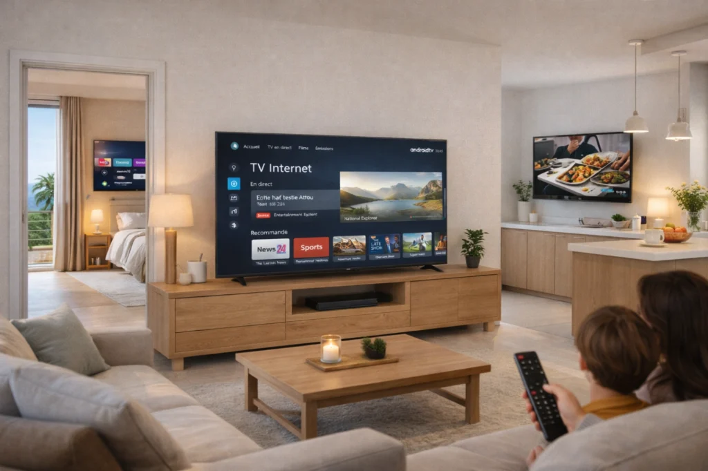 Maison moderne avec plusieurs pièces équipées d’une télévision internet cohérente