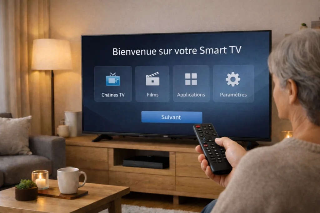 Débutant découvrant une Smart TV simple dans un salon moderne