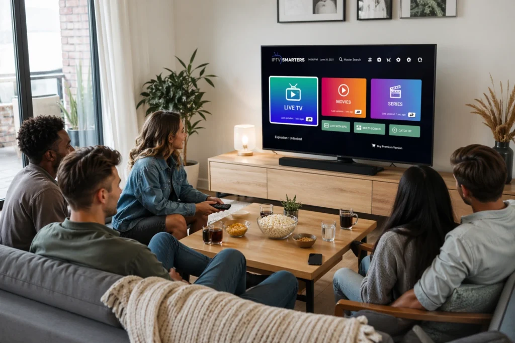 Salon de colocation moderne avec Smart TV utilisée par plusieurs personnes