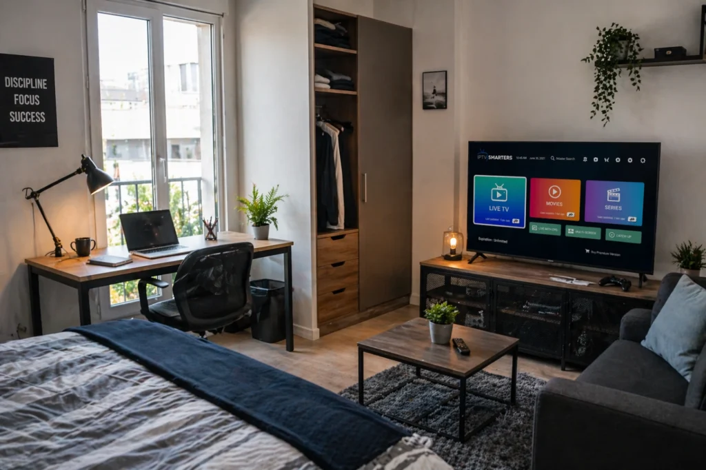Petit studio étudiant moderne avec Smart TV et espace de vie optimisé