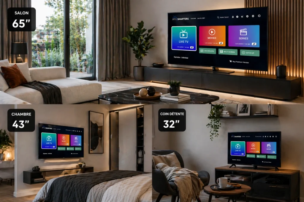 Différentes tailles de téléviseurs dans plusieurs pièces de la maison