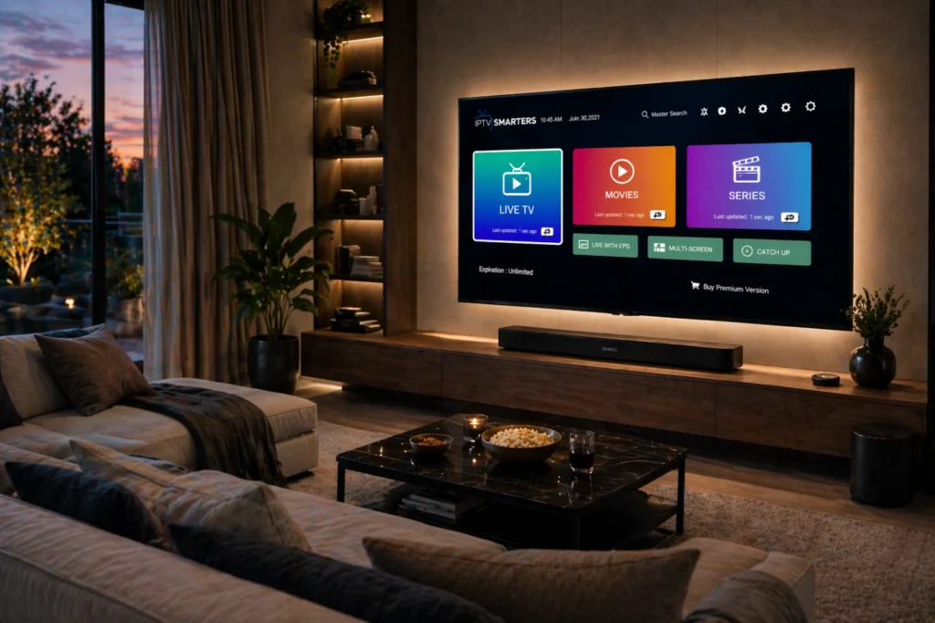Salon moderne avec Smart TV et barre de son créant une expérience immersive
