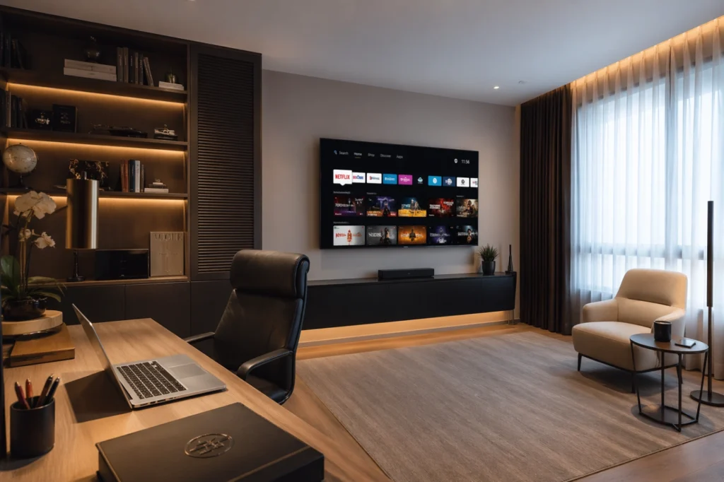 Bureau à domicile moderne avec coin détente équipé d’une Smart TV