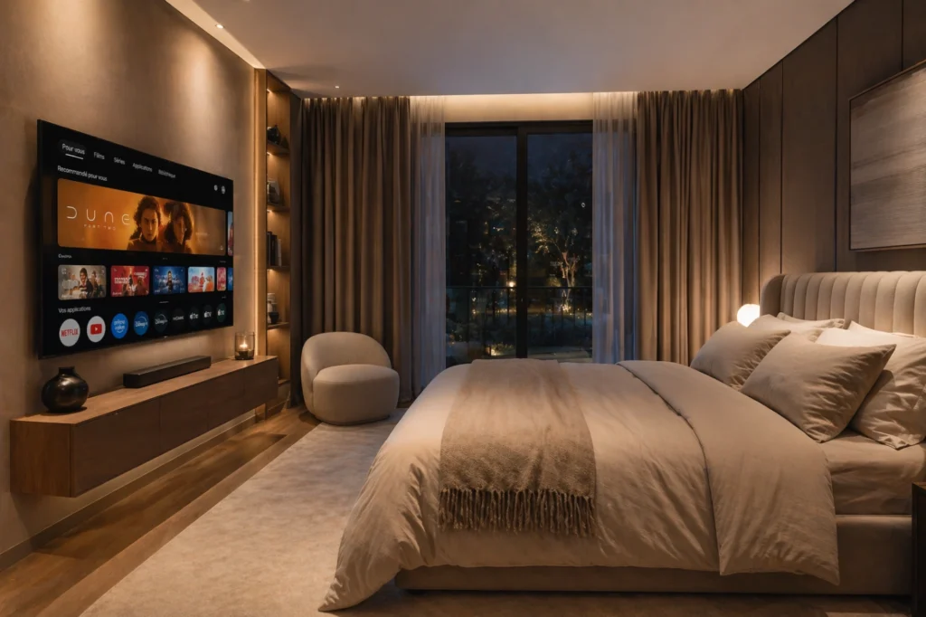 Chambre parentale élégante avec Smart TV intégrée dans un espace de détente