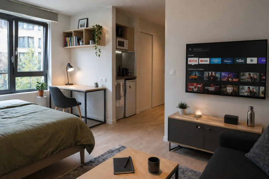 Petit logement étudiant moderne avec installation TV internet économique et pratique