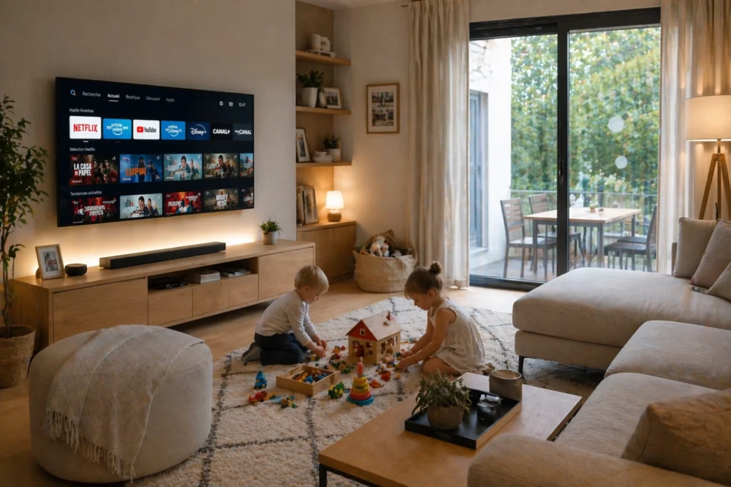 Salon familial avec jeunes enfants et Smart TV intégrée dans un environnement calme