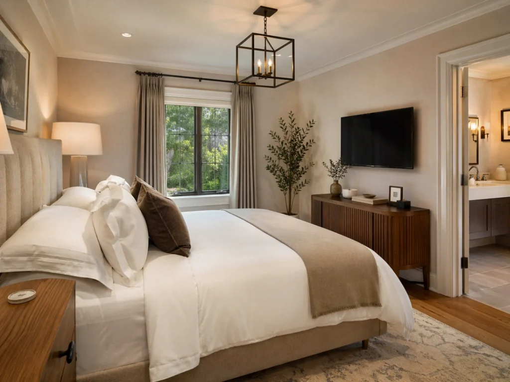 Chambre d’amis élégante avec Smart TV discrète et espace accueillant