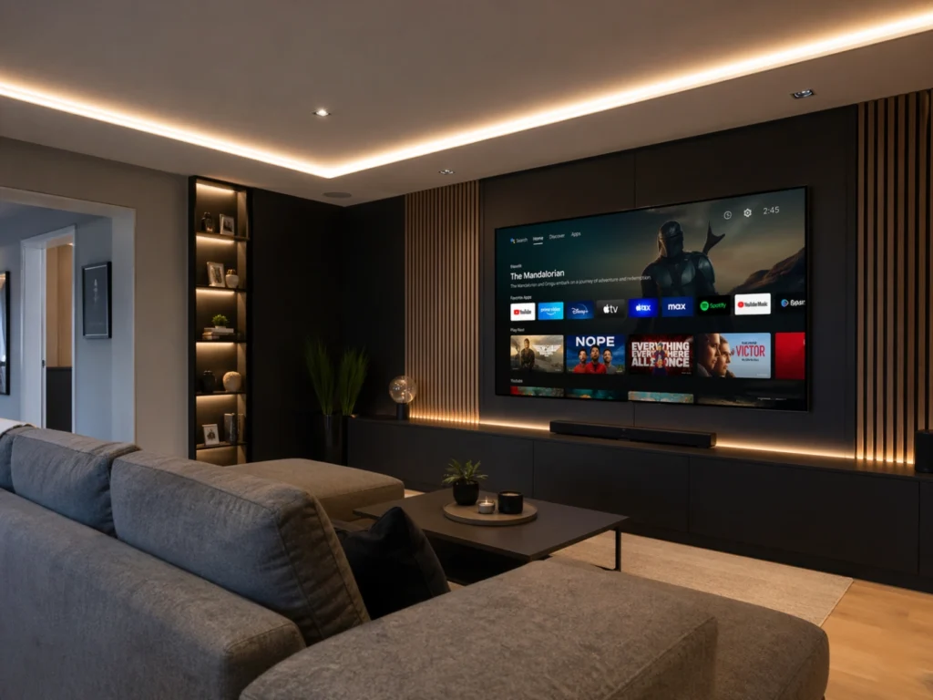 Salle de jeux maison moderne avec grand écran et TV internet immersive
