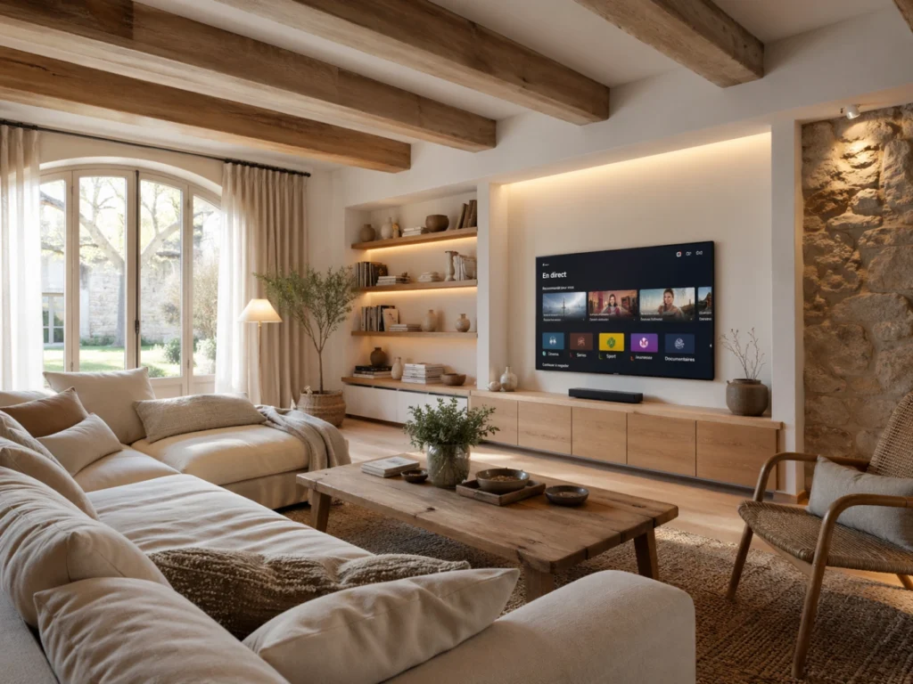 Salon chaleureux de maison de campagne avec Smart TV élégante et ambiance reposante