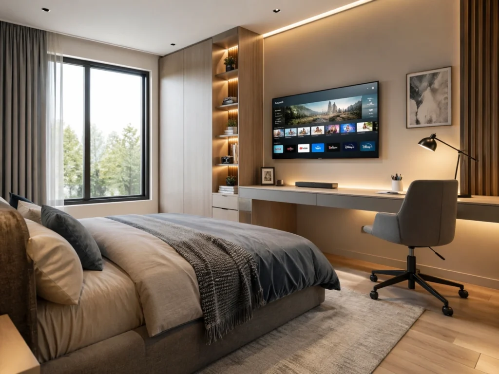 Chambre d’adolescent moderne avec Smart TV intégrée dans un espace bien organisé