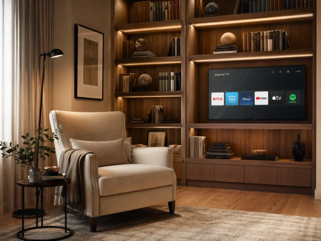 Coin lecture élégant avec fauteuil, bibliothèque et Smart TV discrète