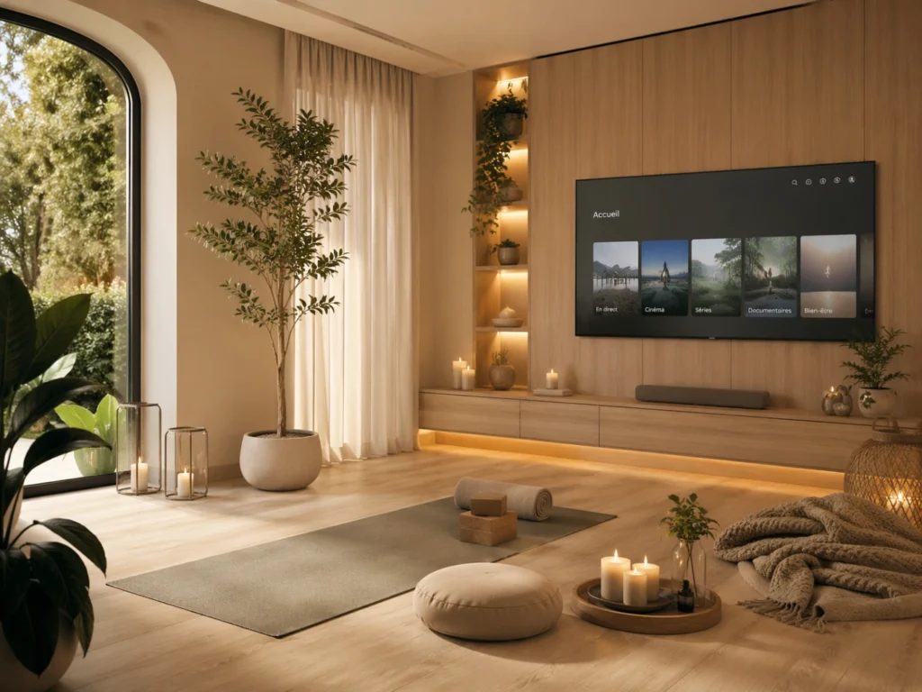 Espace bien-être à la maison avec Smart TV discrète et ambiance relaxante