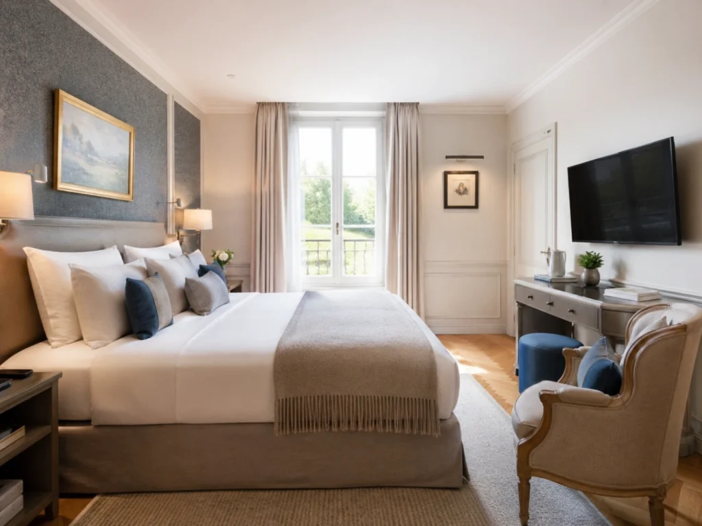 Chambre élégante de maison d’hôtes avec Smart TV discrète et ambiance chaleureuse
