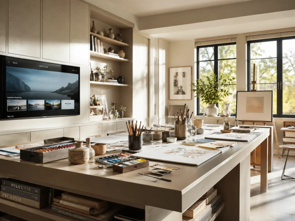 Atelier créatif lumineux avec Smart TV discrète et ambiance inspirante