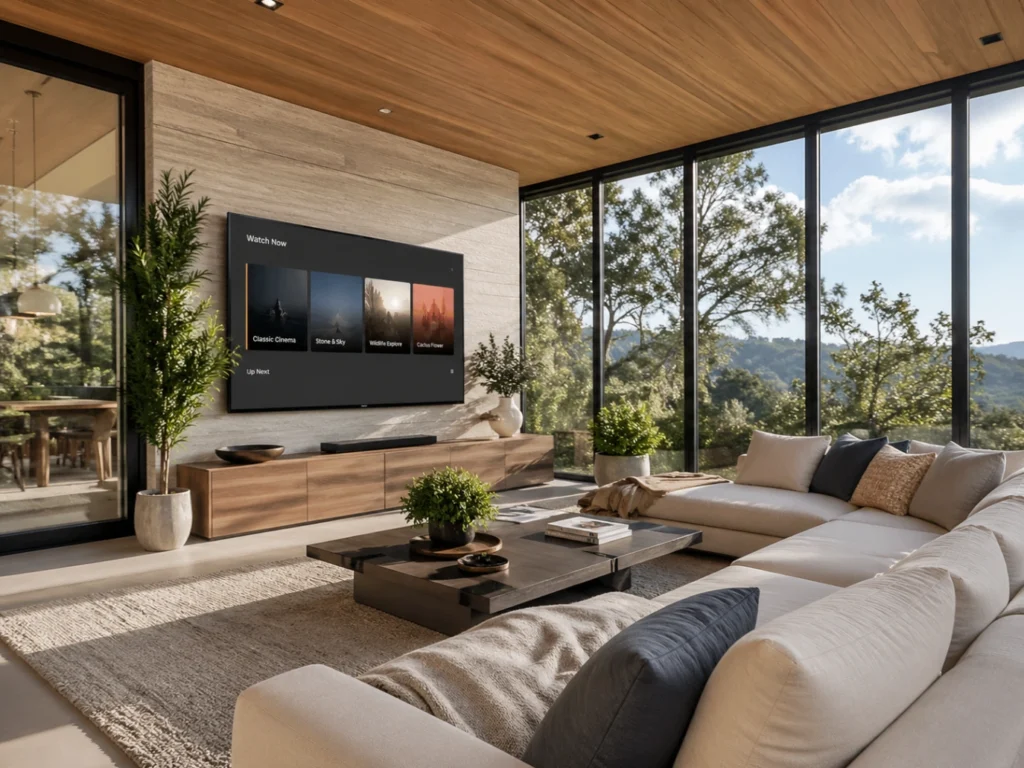 Véranda aménagée avec Smart TV discrète et espace détente lumineux