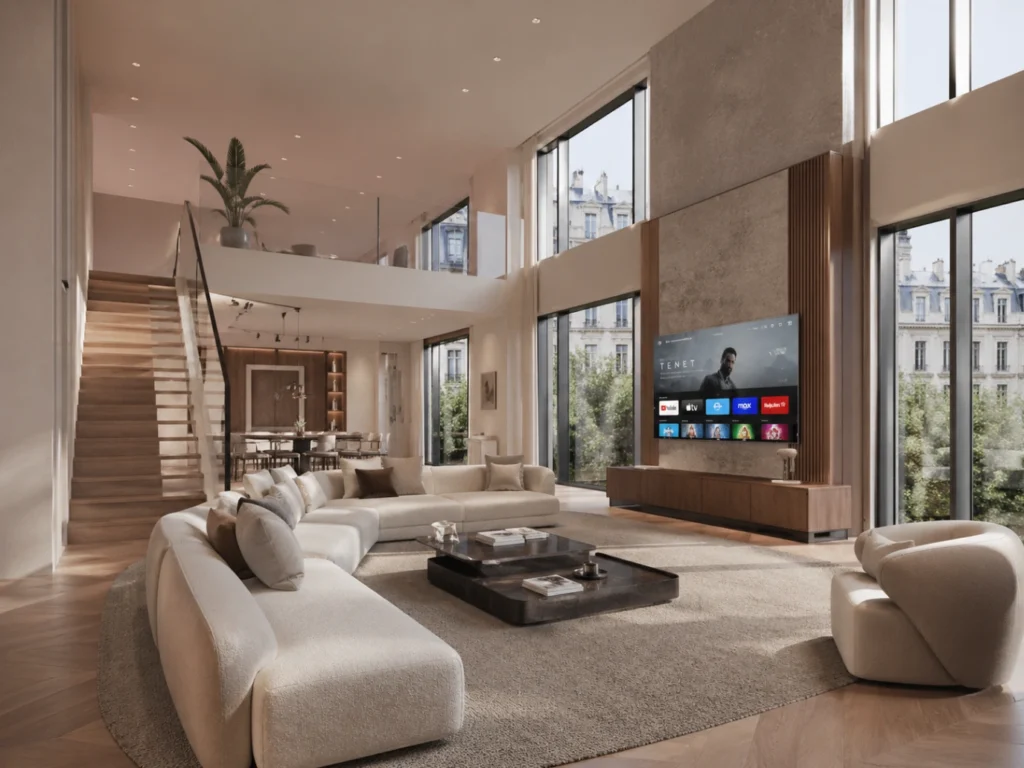 Loft moderne avec grand espace ouvert et Smart TV parfaitement intégrée