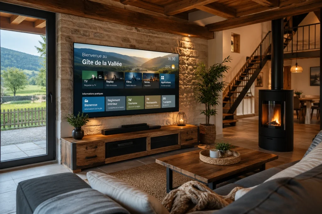 Salon chaleureux de gîte rural avec Smart TV discrète et ambiance authentique