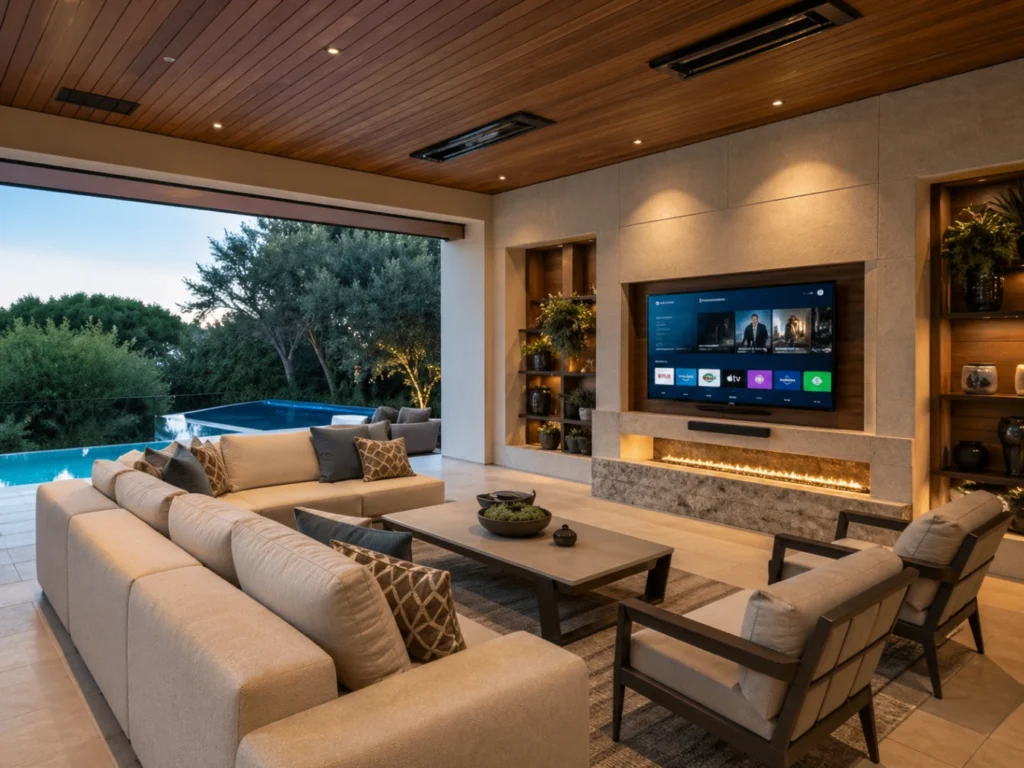 Terrasse couverte moderne avec coin salon et Smart TV bien intégrée