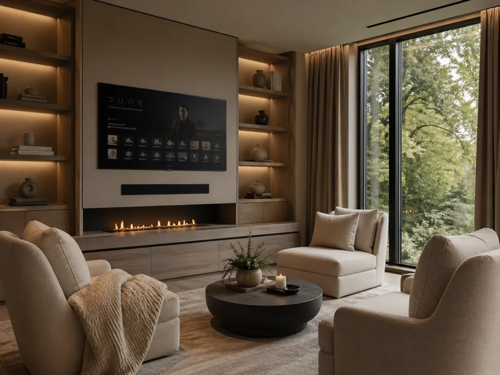 Salle de repos à la maison avec fauteuils confortables et Smart TV discrète