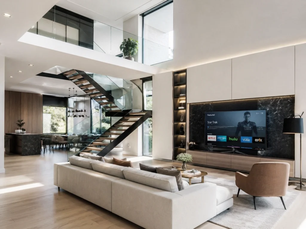 Duplex moderne avec Smart TV élégante intégrée dans un espace ouvert