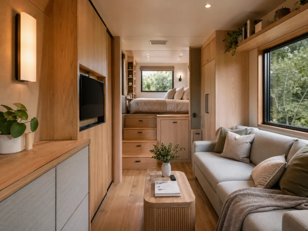 Tiny house moderne avec espace optimisé et Smart TV discrète