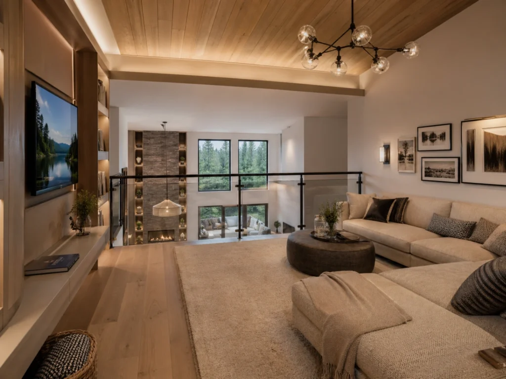 Mezzanine moderne avec coin détente et Smart TV bien intégrée