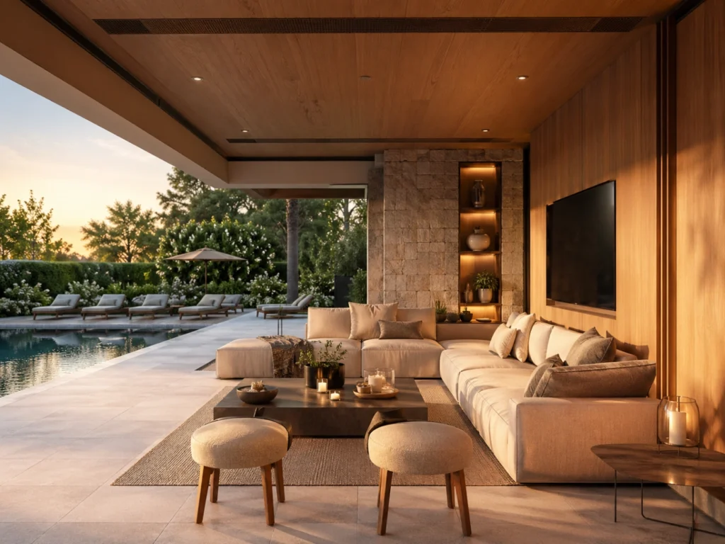 Pool house moderne avec coin salon et Smart TV intégrée près de la piscine