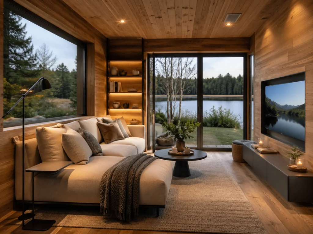 Cabane de jardin aménagée avec coin détente et Smart TV discrète