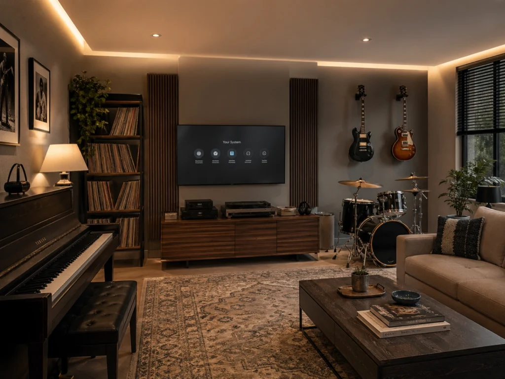 Salle de musique à la maison avec instruments et Smart TV discrète
