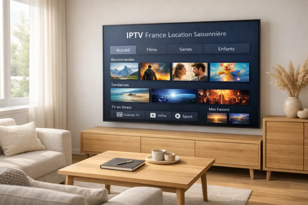 Salon de location saisonnière moderne avec Smart TV affichant une interface IPTV générique claire et facile à utiliser