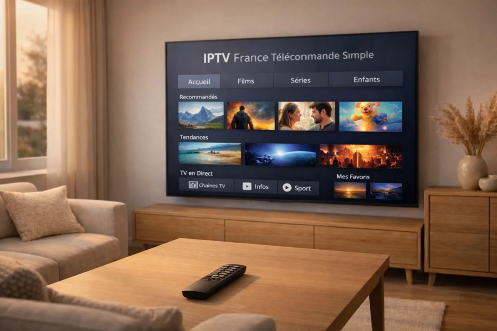 Télécommande posée devant une Smart TV affichant une interface IPTV générique claire et facile à utiliser