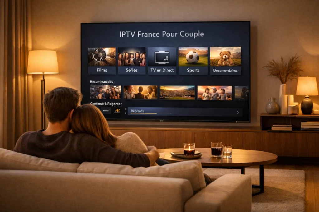 Couple dans un salon moderne devant une Smart TV affichant une interface IPTV générique claire et élégante