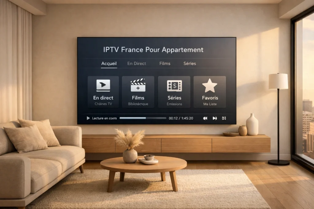 Appartement moderne avec Smart TV affichant une interface IPTV générique claire dans un salon compact et élégant