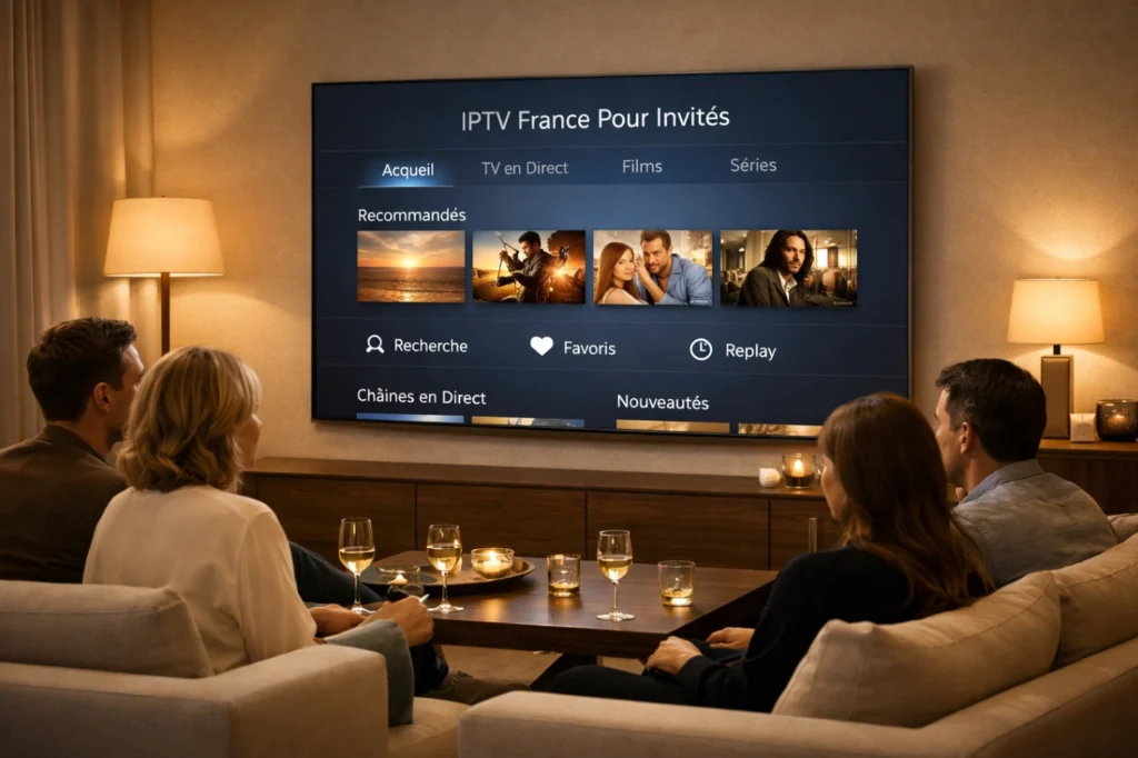 Salon moderne avec invités devant une Smart TV affichant une interface IPTV générique claire et accueillante