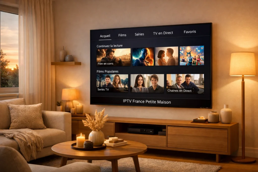 Petite maison moderne avec Smart TV affichant une interface IPTV générique claire dans un salon chaleureux