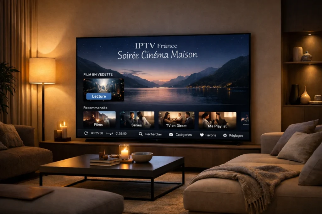 Salon moderne en soirée avec Smart TV affichant une interface IPTV générique pour une ambiance cinéma maison