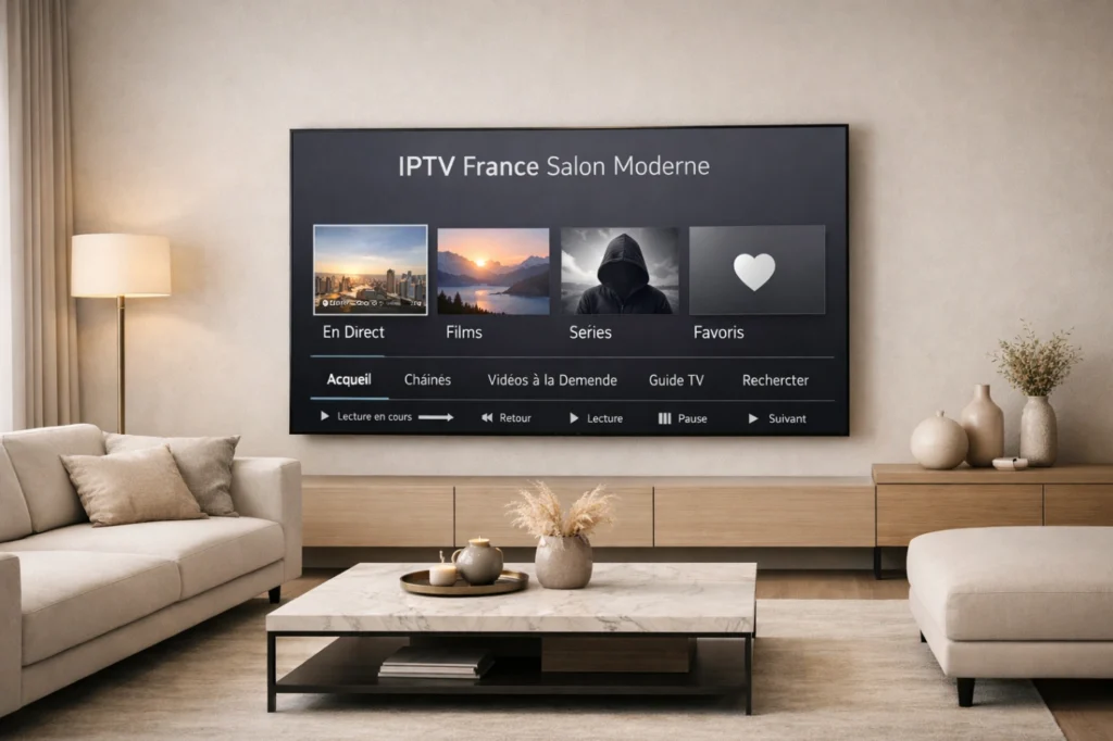 Salon moderne élégant avec Smart TV affichant une interface IPTV générique claire et premium
