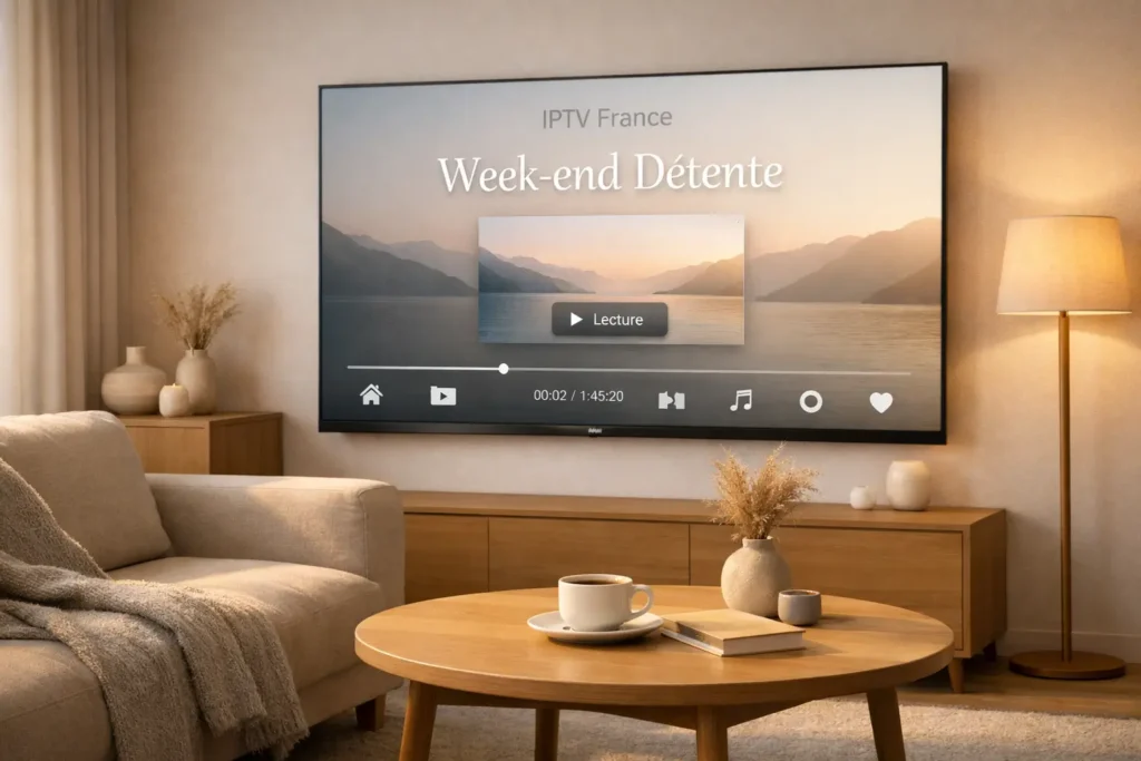 Salon moderne et apaisant avec Smart TV affichant une interface IPTV générique pour un week-end détente