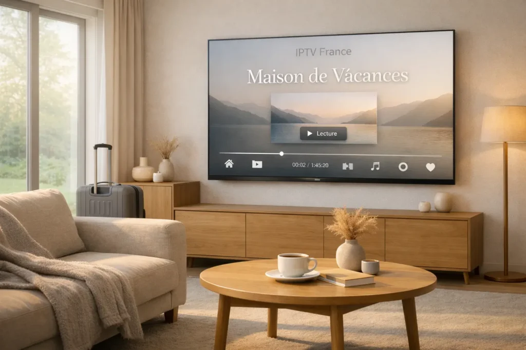 Maison de vacances moderne avec Smart TV affichant une interface IPTV générique claire et confortable