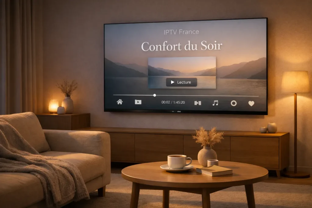 Salon moderne en soirée avec Smart TV affichant une interface IPTV générique claire et confortable